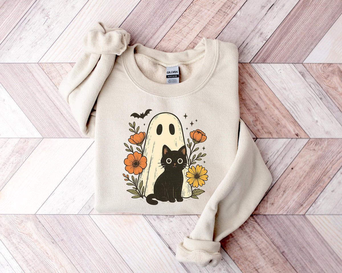 Retro Ghost and Cat Halloween Sweatshirt: Spooky Season Top