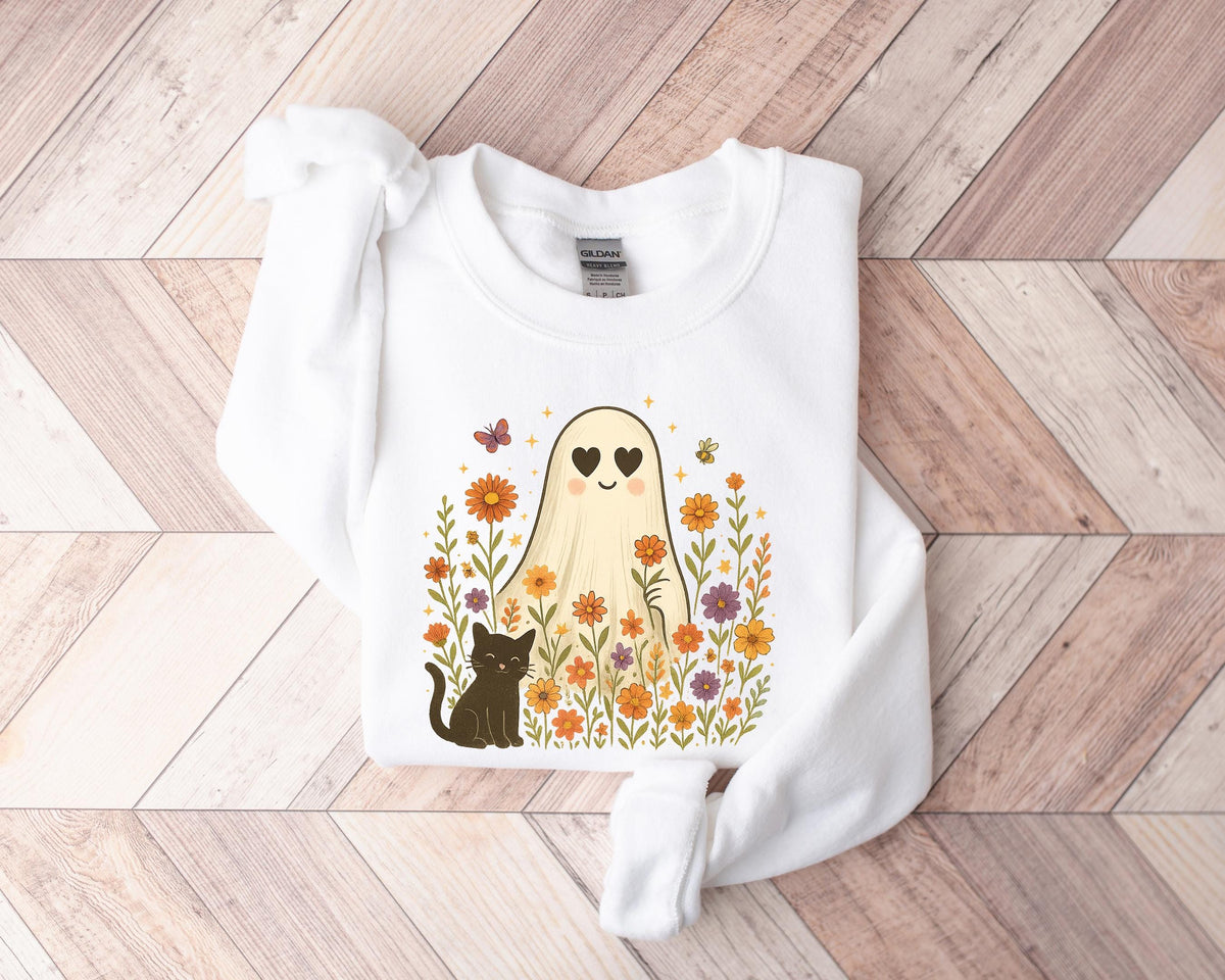 Halloween Black Cat & Ghost T-Shirt: Spooky Season Women's Tee