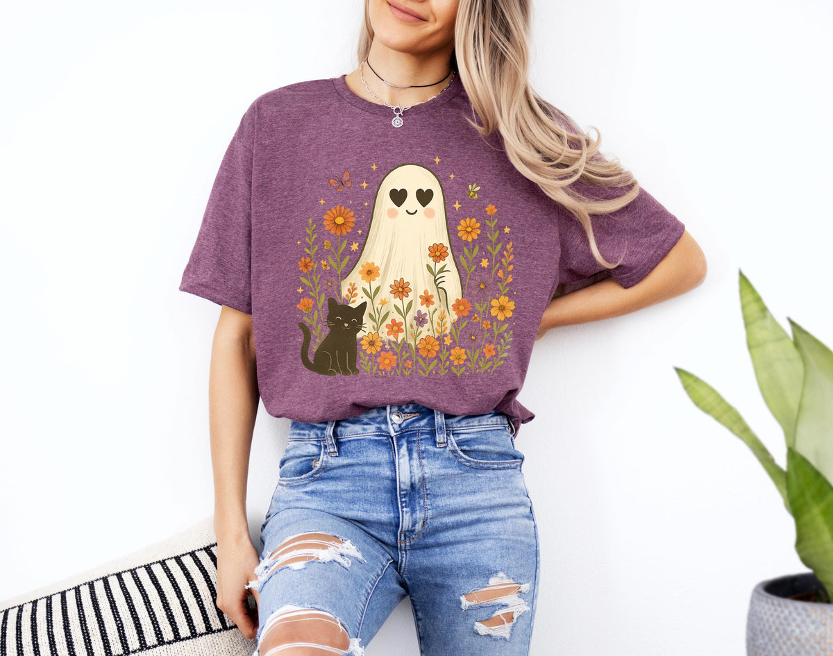 Halloween Black Cat & Ghost T-Shirt: Spooky Season Women's Tee