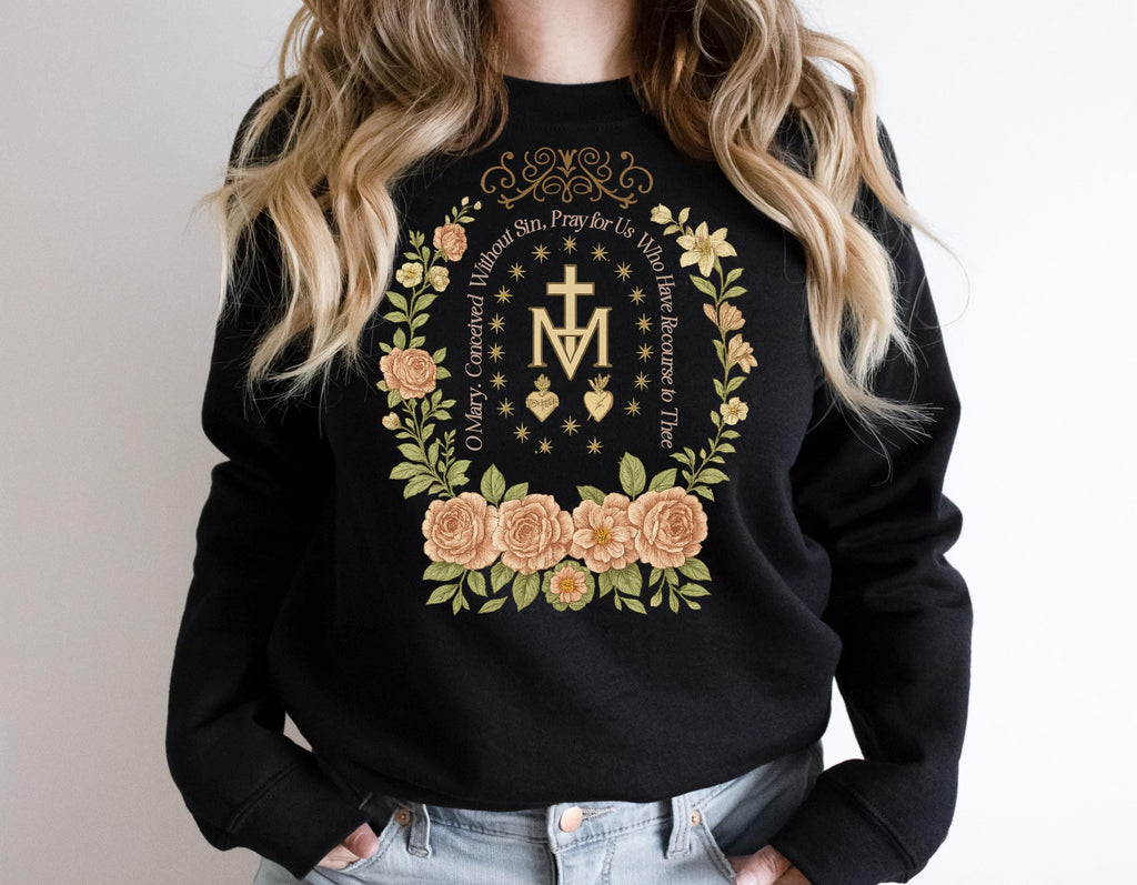 Floral Marian Cross Catholic T-Shirt: Virgin Mary Religious Gift