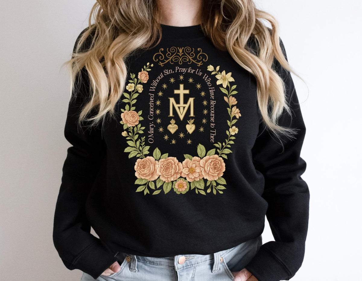 Floral Marian Cross Catholic T-Shirt: Virgin Mary Religious Gift