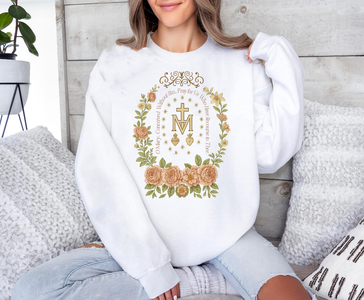 Floral Marian Cross Catholic T-Shirt: Virgin Mary Religious Gift