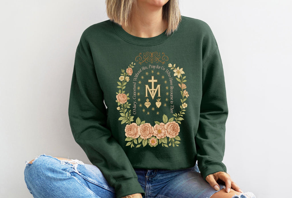 Floral Marian Cross Catholic T-Shirt: Virgin Mary Religious Gift