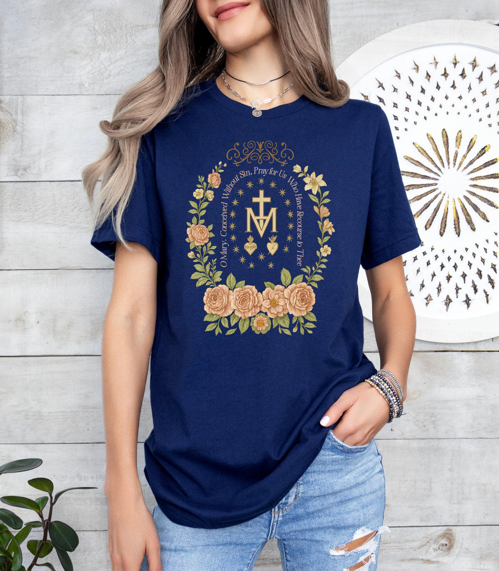 Floral Marian Cross Catholic T-Shirt: Virgin Mary Religious Gift