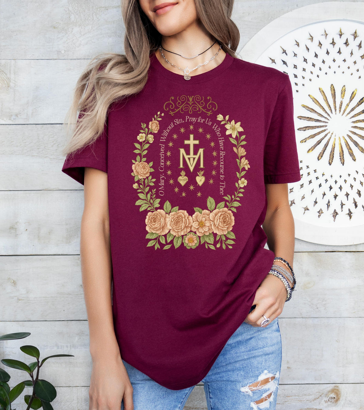 Floral Marian Cross Catholic T-Shirt: Virgin Mary Religious Gift