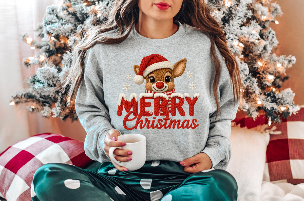 Rudolph Reindeer Christmas Sweatshirt, Crochet Style Print