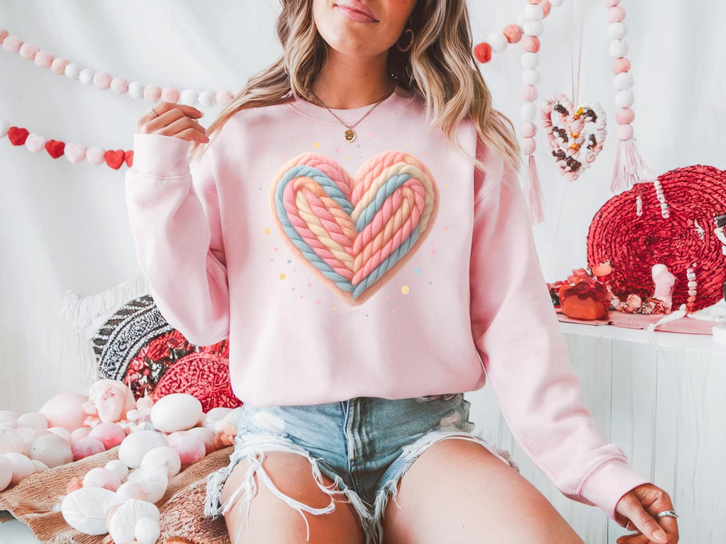 Valentines Day Sweatshirt, Colorful Crochet Heart Print