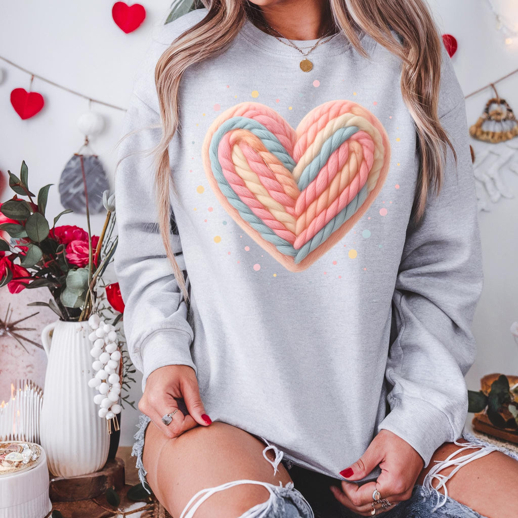 Valentines Day Sweatshirt, Colorful Crochet Heart Print