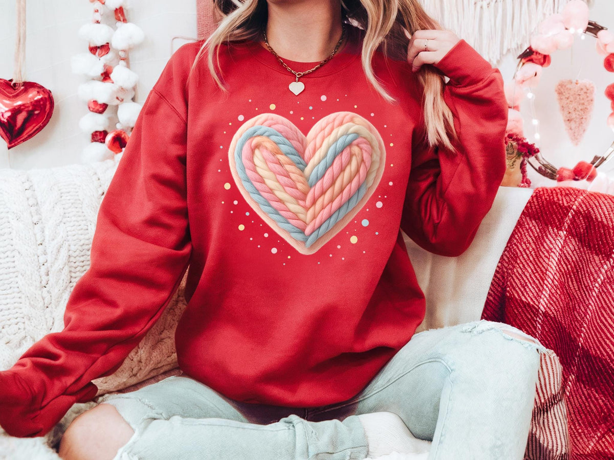 Valentines Day Sweatshirt, Colorful Crochet Heart Print