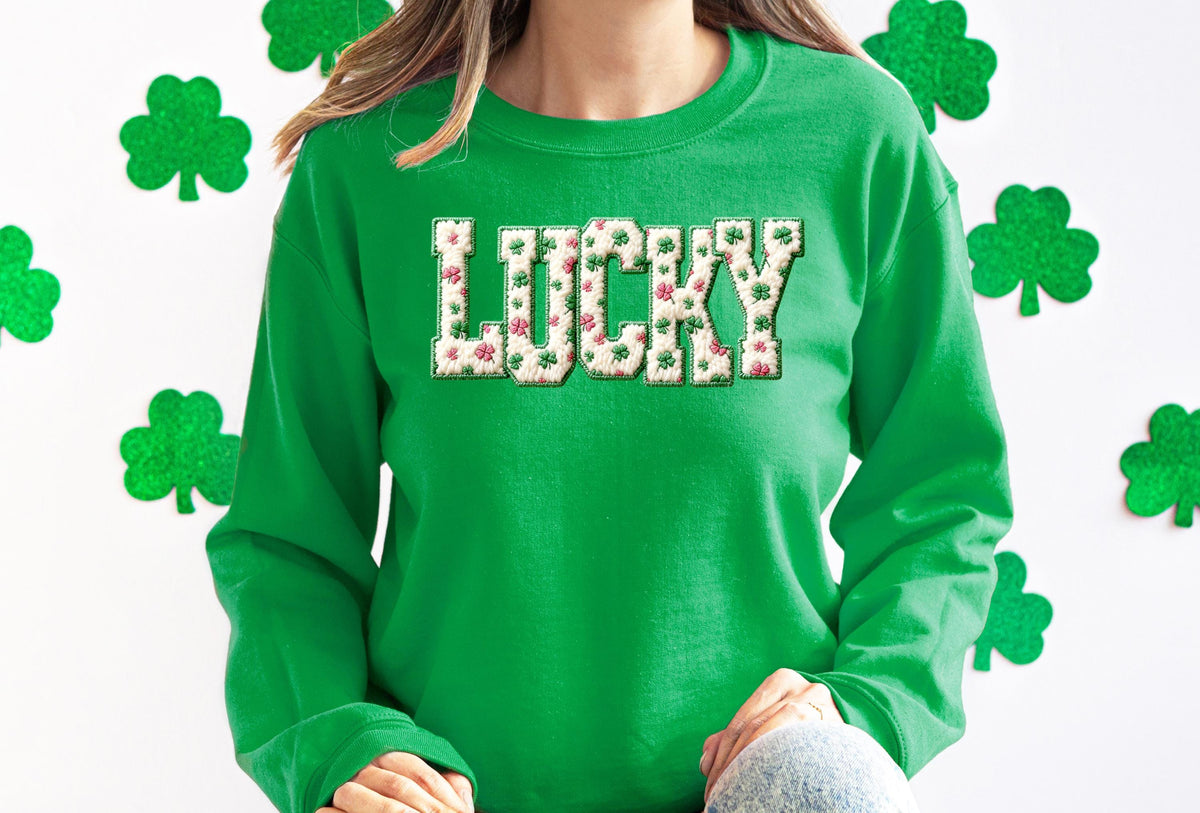 Lucky St Patricks Day Sweatshirt, Crochet Style Print