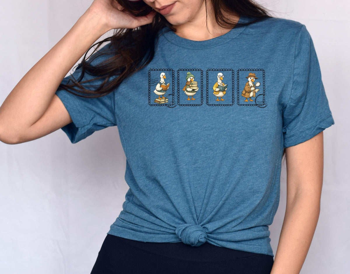 Bookish Goose Stamp T-Shirt, Librarian Teacher Tee, Fall Trend Top