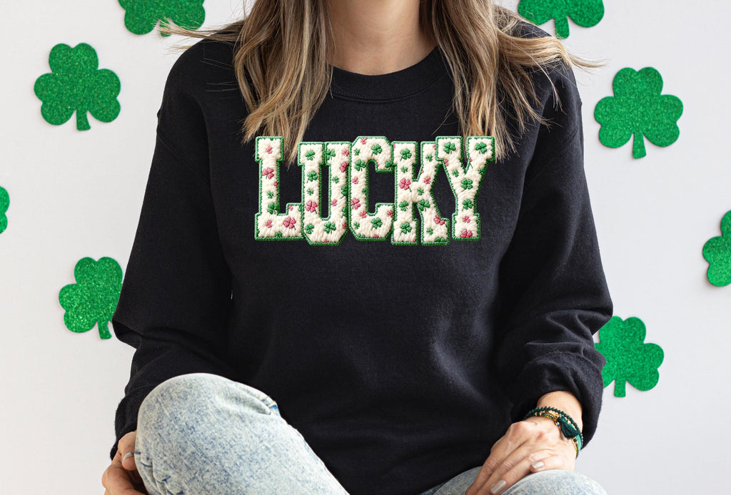 Lucky St Patricks Day Sweatshirt, Crochet Style Print
