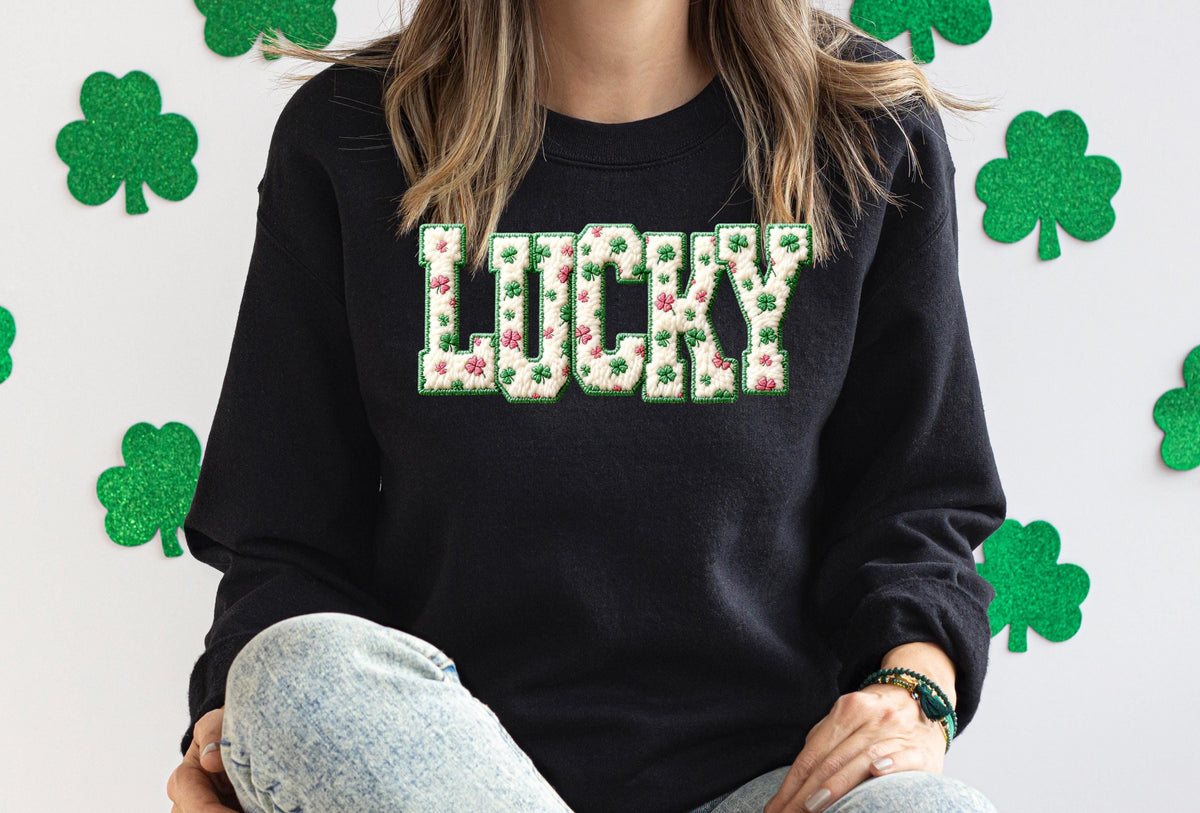 Lucky St Patricks Day Sweatshirt, Crochet Style Print