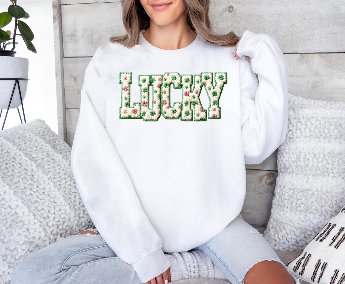 Lucky St Patricks Day Sweatshirt, Crochet Style Print