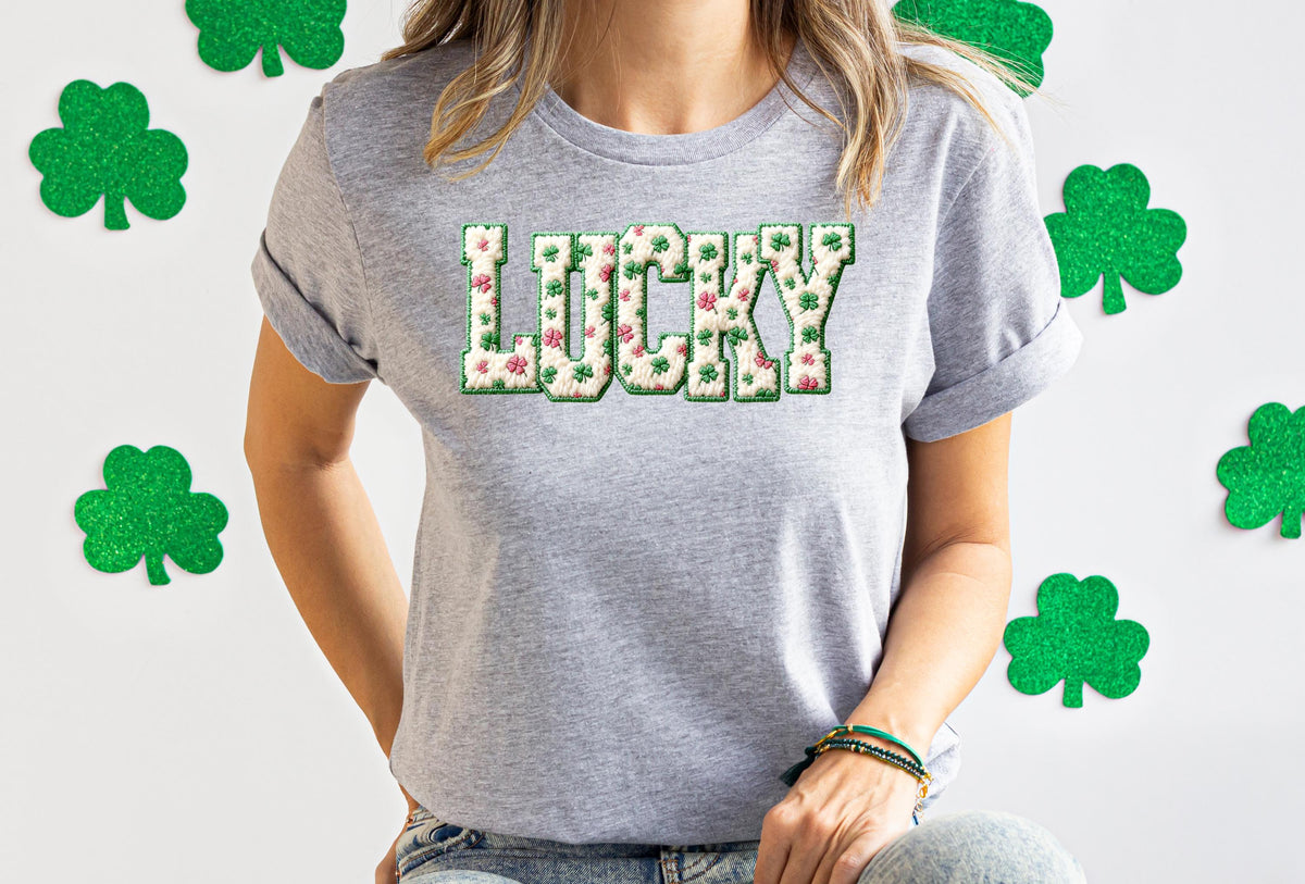 Lucky St Patricks Day Sweatshirt, Crochet Style Print