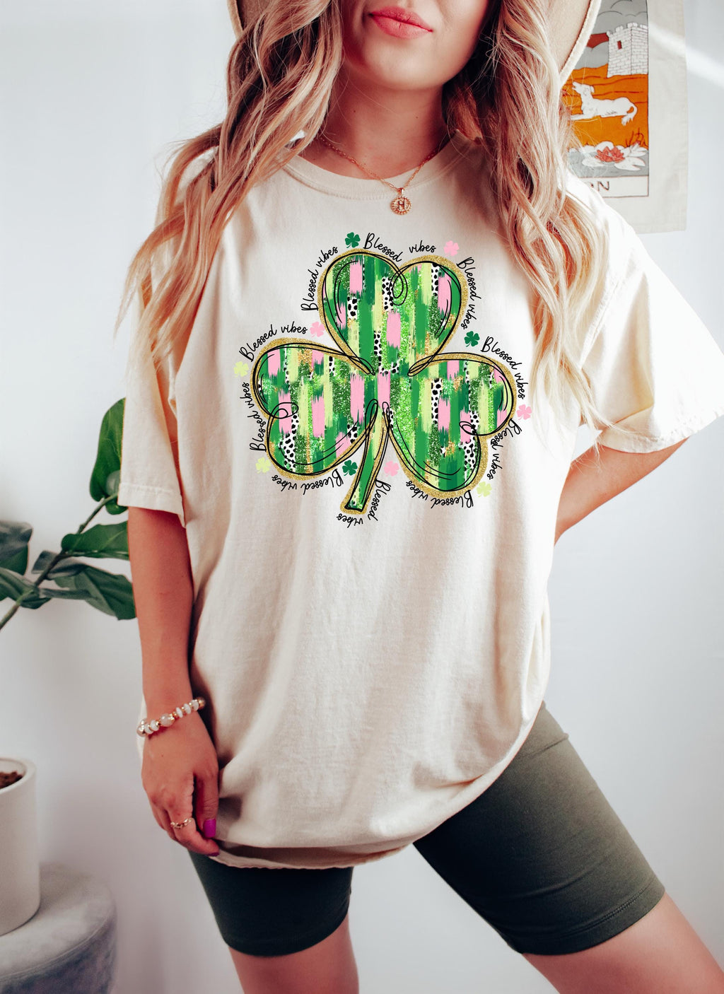 St. Patrick's Day Shamrock Sweatshirt, Blessed Vibes Clover Print