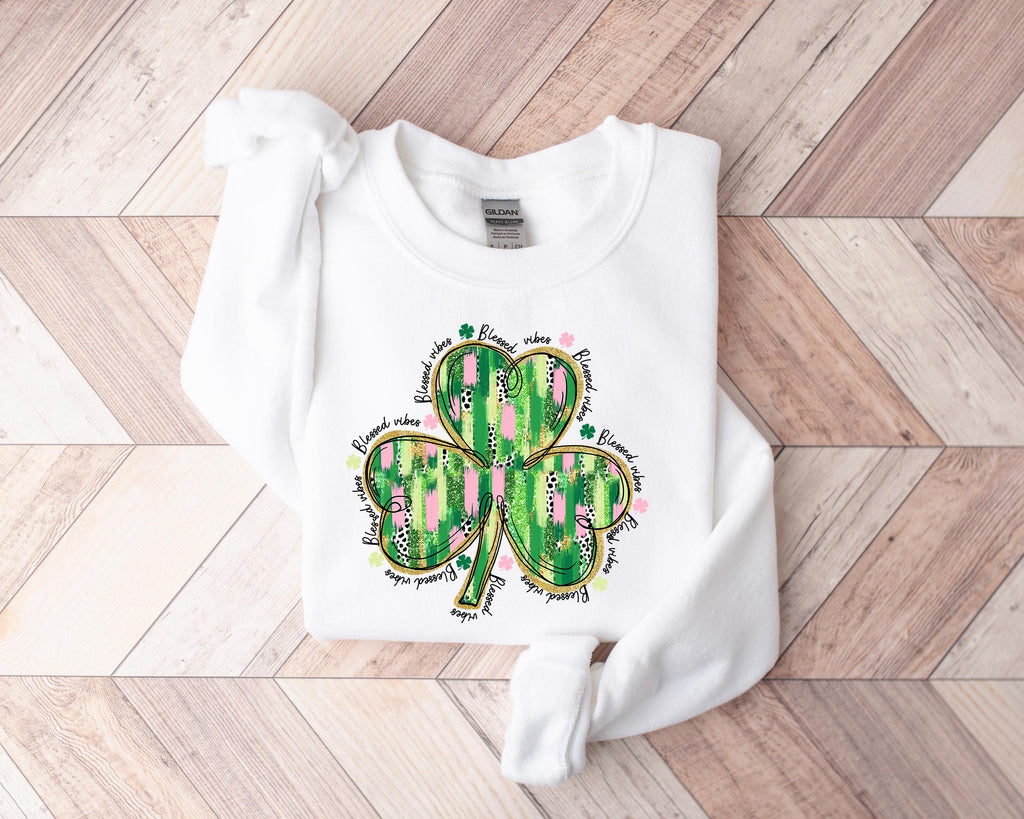 St. Patrick's Day Shamrock Sweatshirt, Blessed Vibes Clover Print