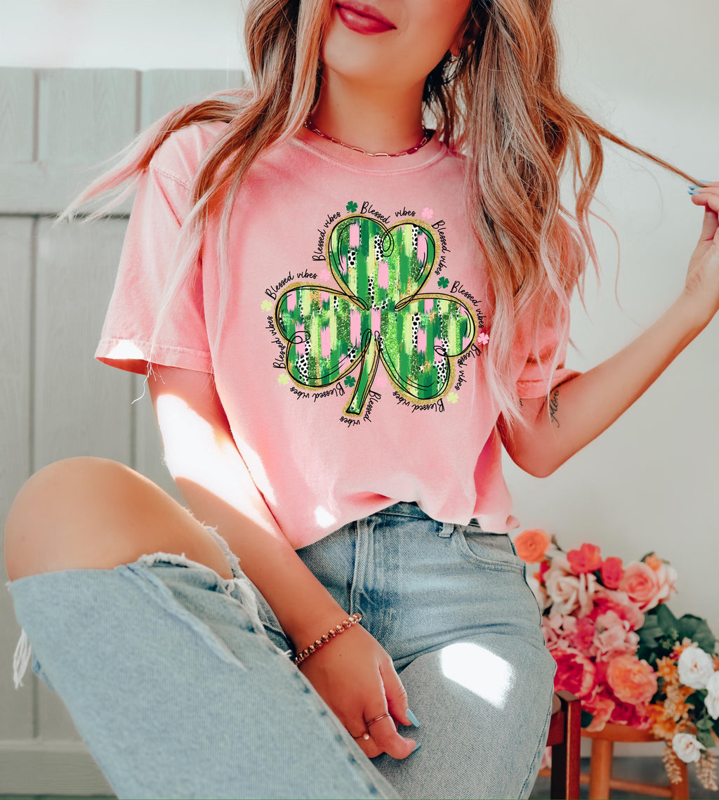 St. Patrick's Day Shamrock Sweatshirt, Blessed Vibes Clover Print