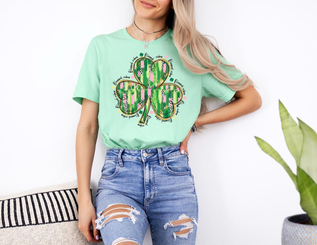 St. Patrick's Day Shamrock Sweatshirt, Blessed Vibes Clover Print