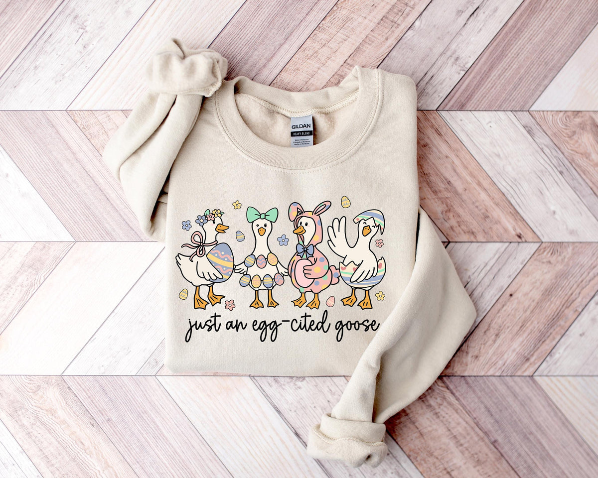 Egg-cited Goose Easter T-Shirt, Funny Spring Farm Animal Graphic Tee