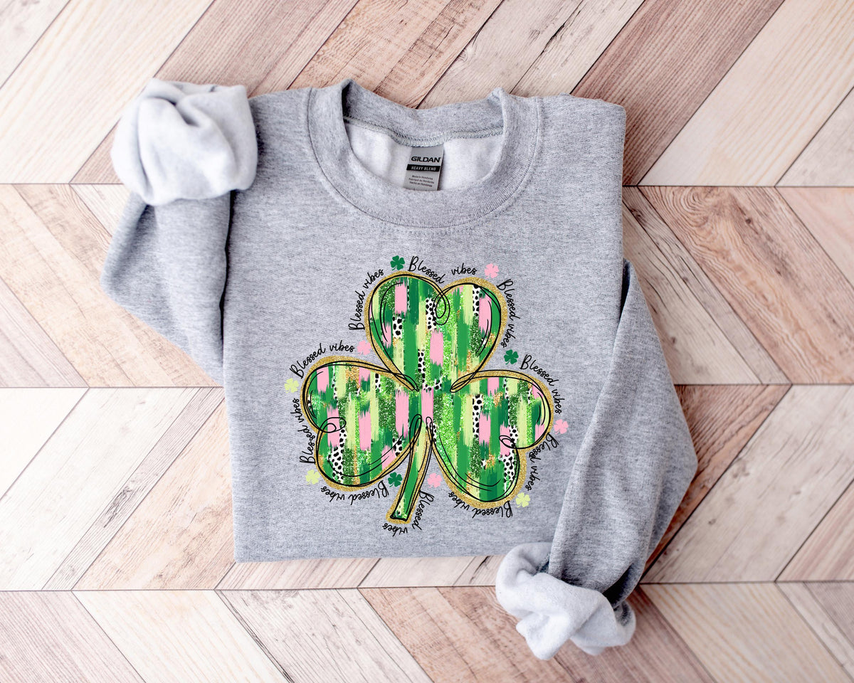 St. Patrick's Day Shamrock Sweatshirt, Blessed Vibes Clover Print