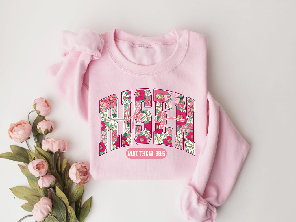 He is Risen Floral Sweatshirt, Christian Easter Apparel, Matthew 28:6 Tee