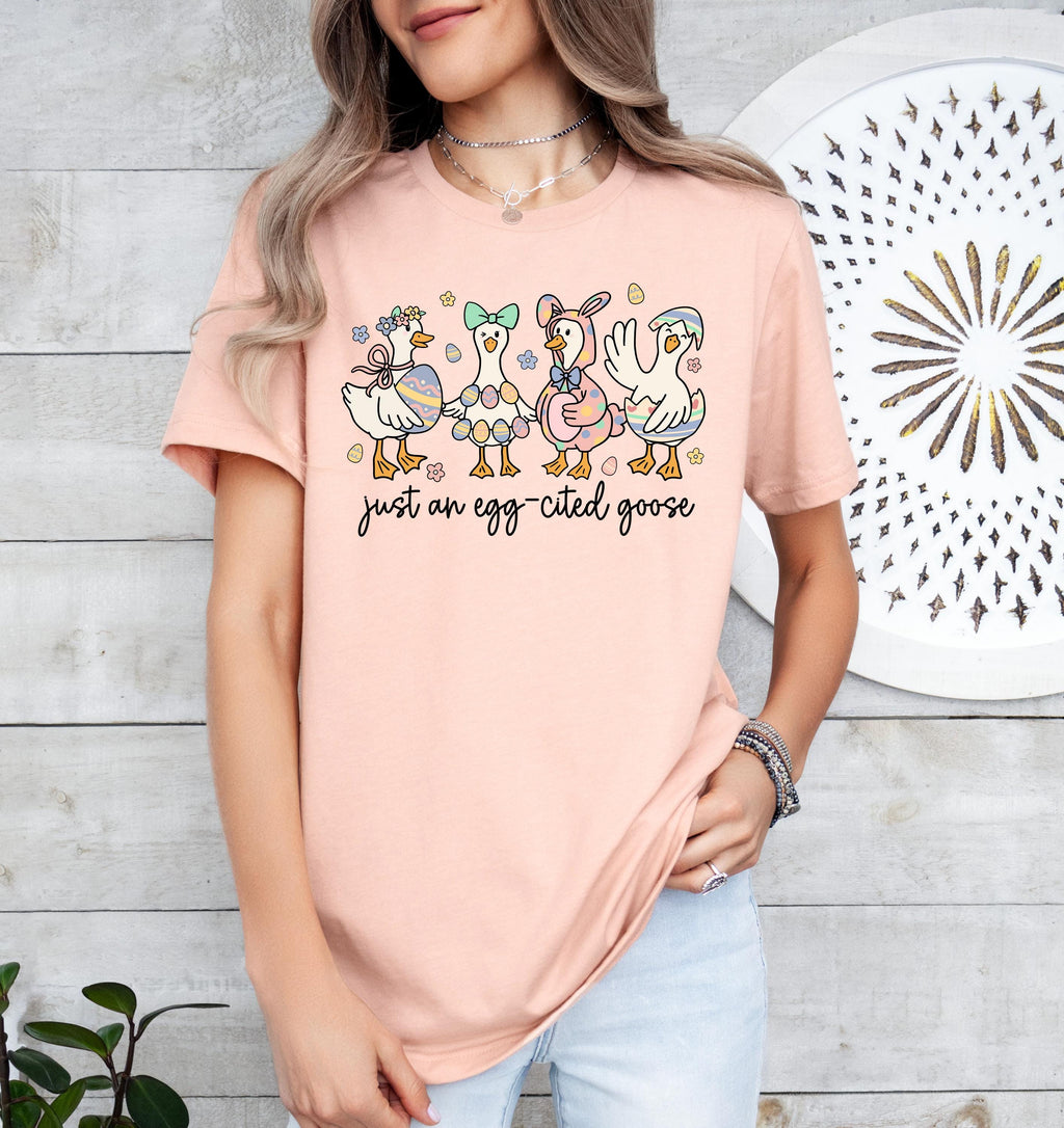 Egg-cited Goose Easter T-Shirt, Funny Spring Farm Animal Graphic Tee