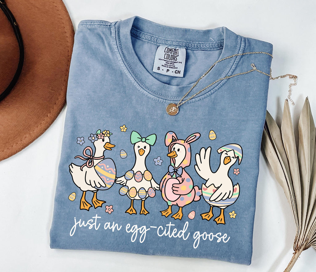 Egg-cited Goose Easter T-Shirt, Funny Spring Farm Animal Graphic Tee