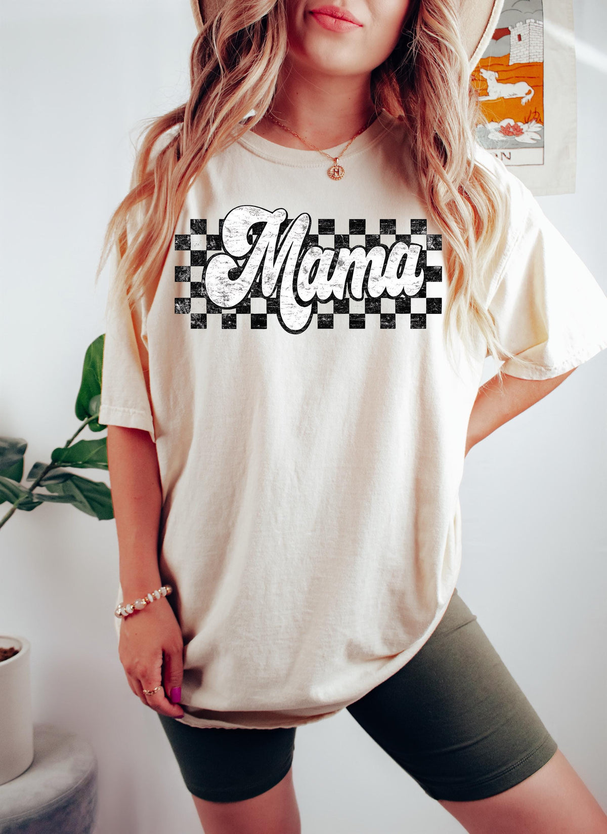 Retro Checkered Mama Graphic Tee, Distressed Comfort Colors Shirt