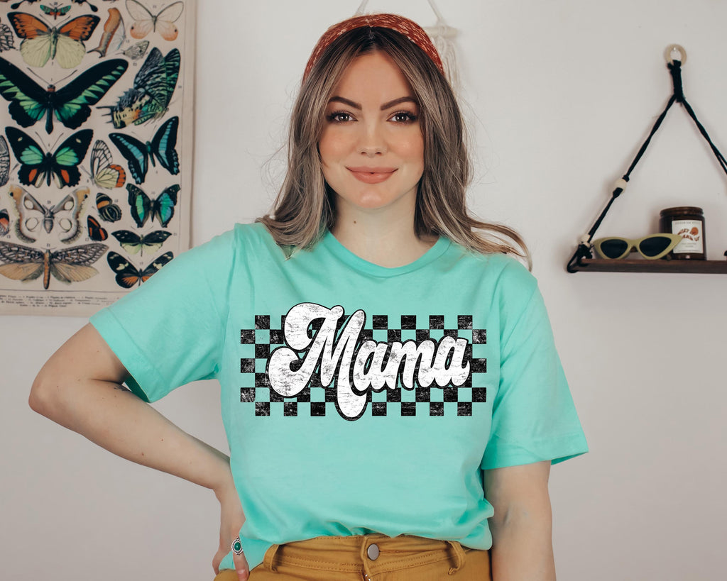Retro Checkered Mama Graphic Tee, Distressed Comfort Colors Shirt