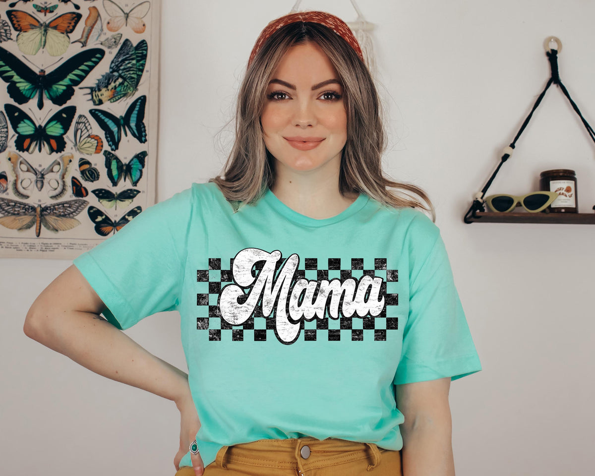 Retro Checkered Mama Graphic Tee, Distressed Comfort Colors Shirt