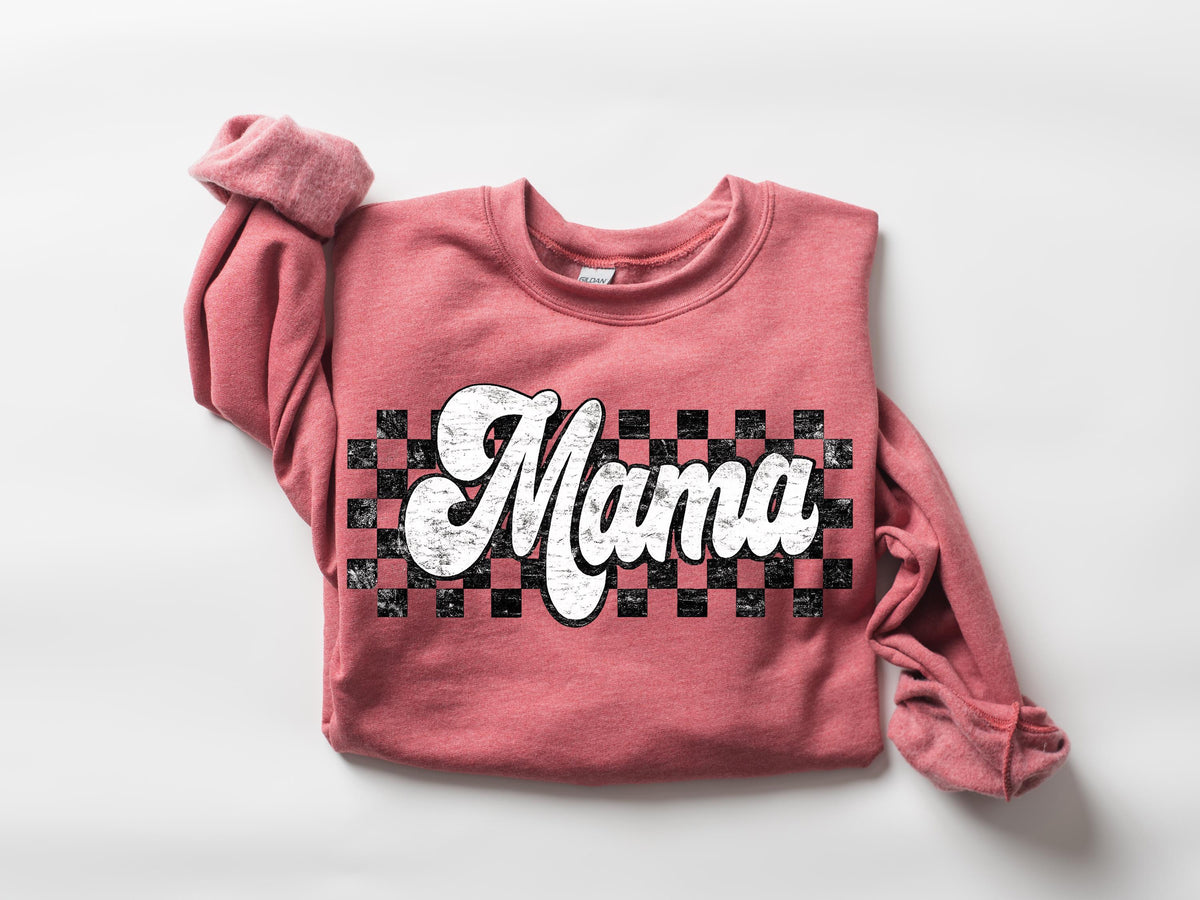 Retro Checkered Mama Graphic Tee, Distressed Comfort Colors Shirt