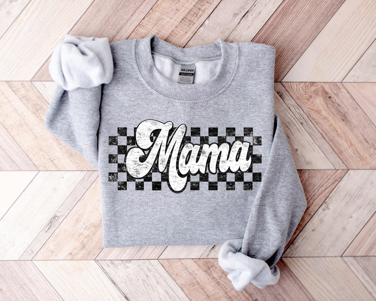 Retro Checkered Mama Graphic Tee, Distressed Comfort Colors Shirt