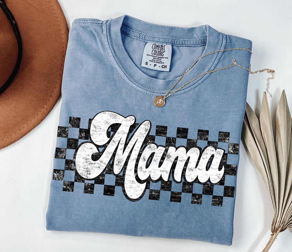 Retro Checkered Mama Graphic Tee, Distressed Comfort Colors Shirt