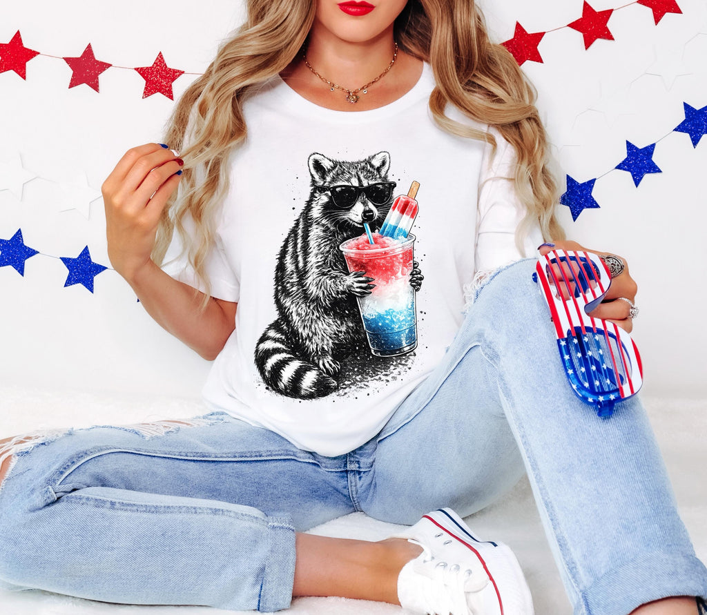 4th of July Raccoon, Red White Blue Popsicle Drink Shirt, 4th of July