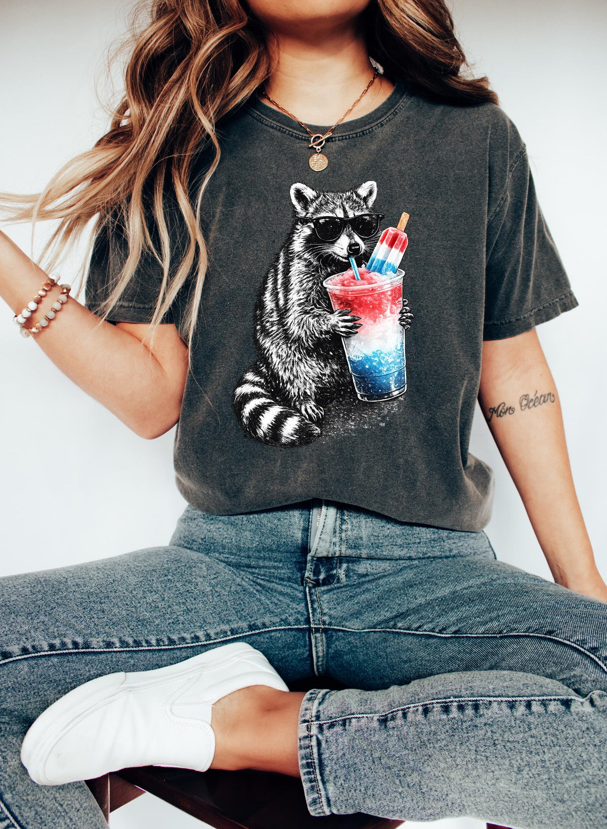 4th of July Raccoon, Red White Blue Popsicle Drink Shirt, 4th of July