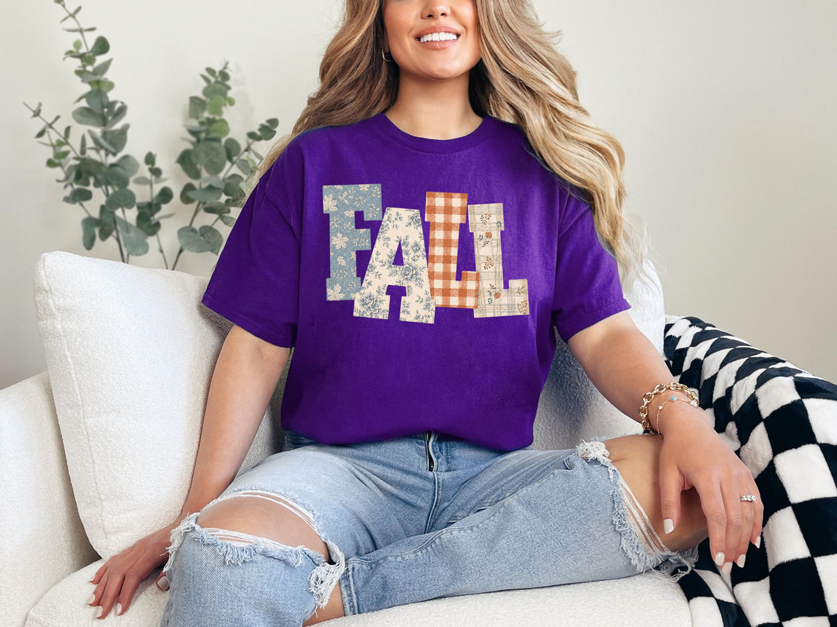 Patchwork Fall Shirt, Flannel Fall Letters Tee, Cozy Autumn Shirt