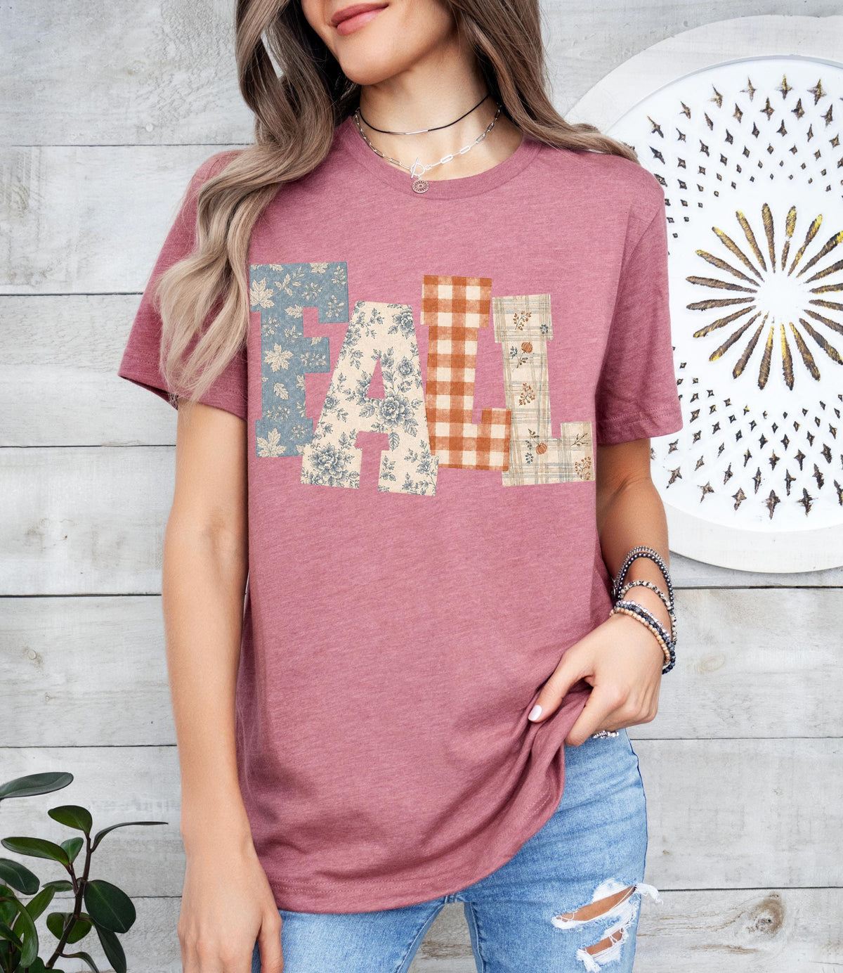 Patchwork Fall Shirt, Flannel Fall Letters Tee, Cozy Autumn Shirt