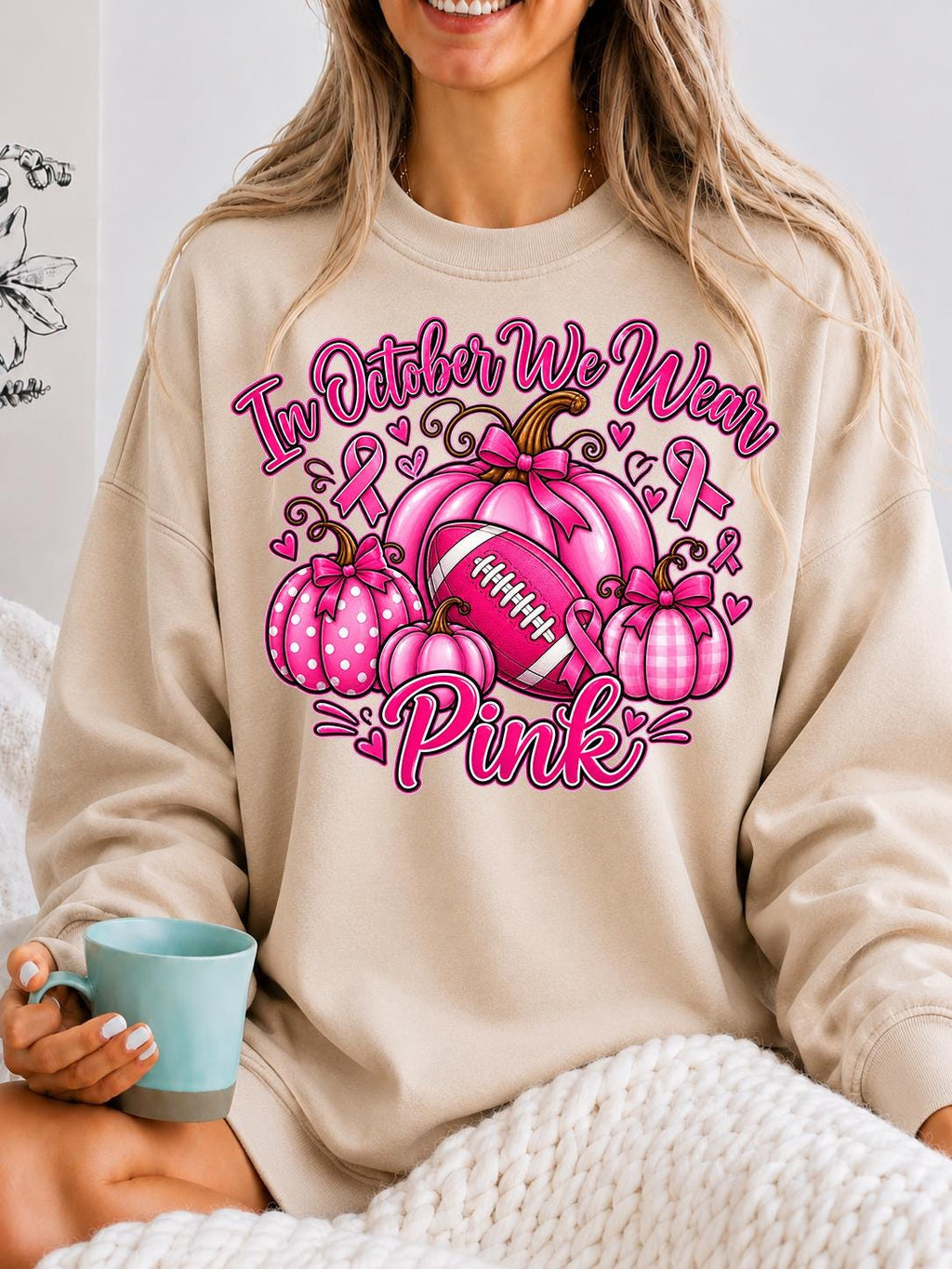 Retro Pumpkin Football Shirt, In October We Wear Pink Sweatshirt