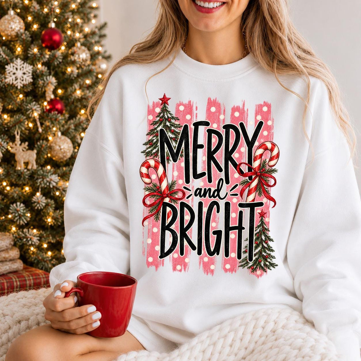 Merry And Bright, Stripes Christmas Tree Shirt, Christmas Sweatshirt