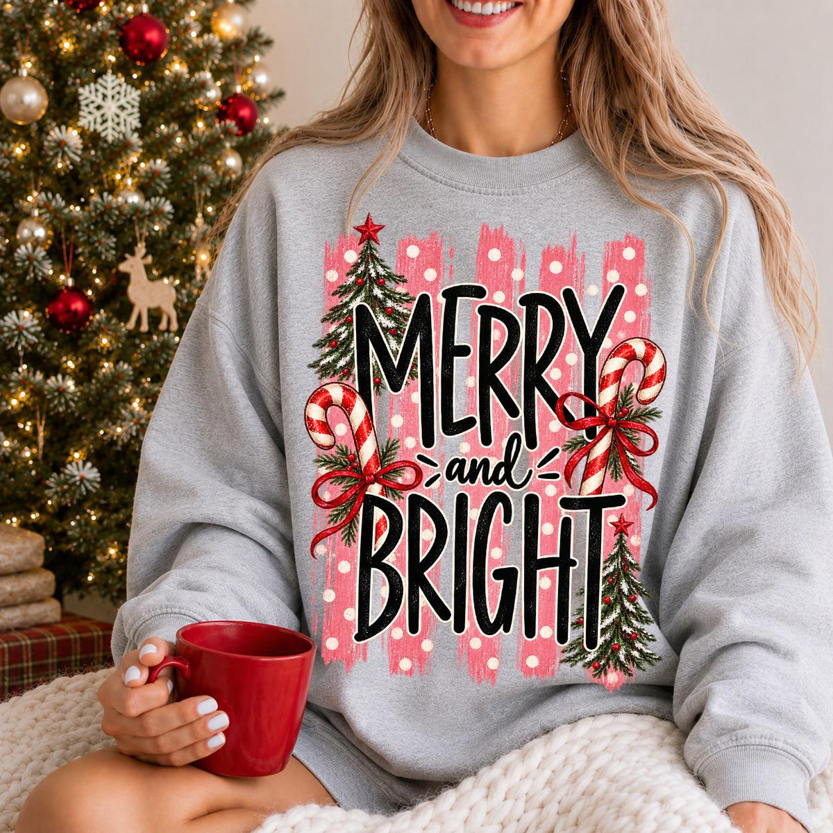 Merry And Bright, Stripes Christmas Tree Shirt, Christmas Sweatshirt