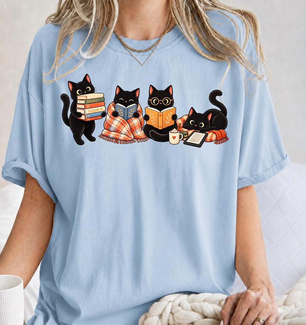 Black Cat Reading Shirt, Book Lover Cat Tee, Cozy Reader Gift For Her