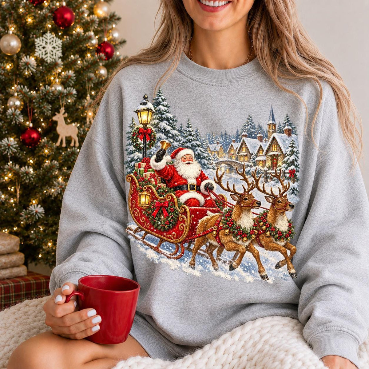 Retro Santa Sweatshirt, Vintage 90s Christmas Crewneck, Santa Sleigh Shirt