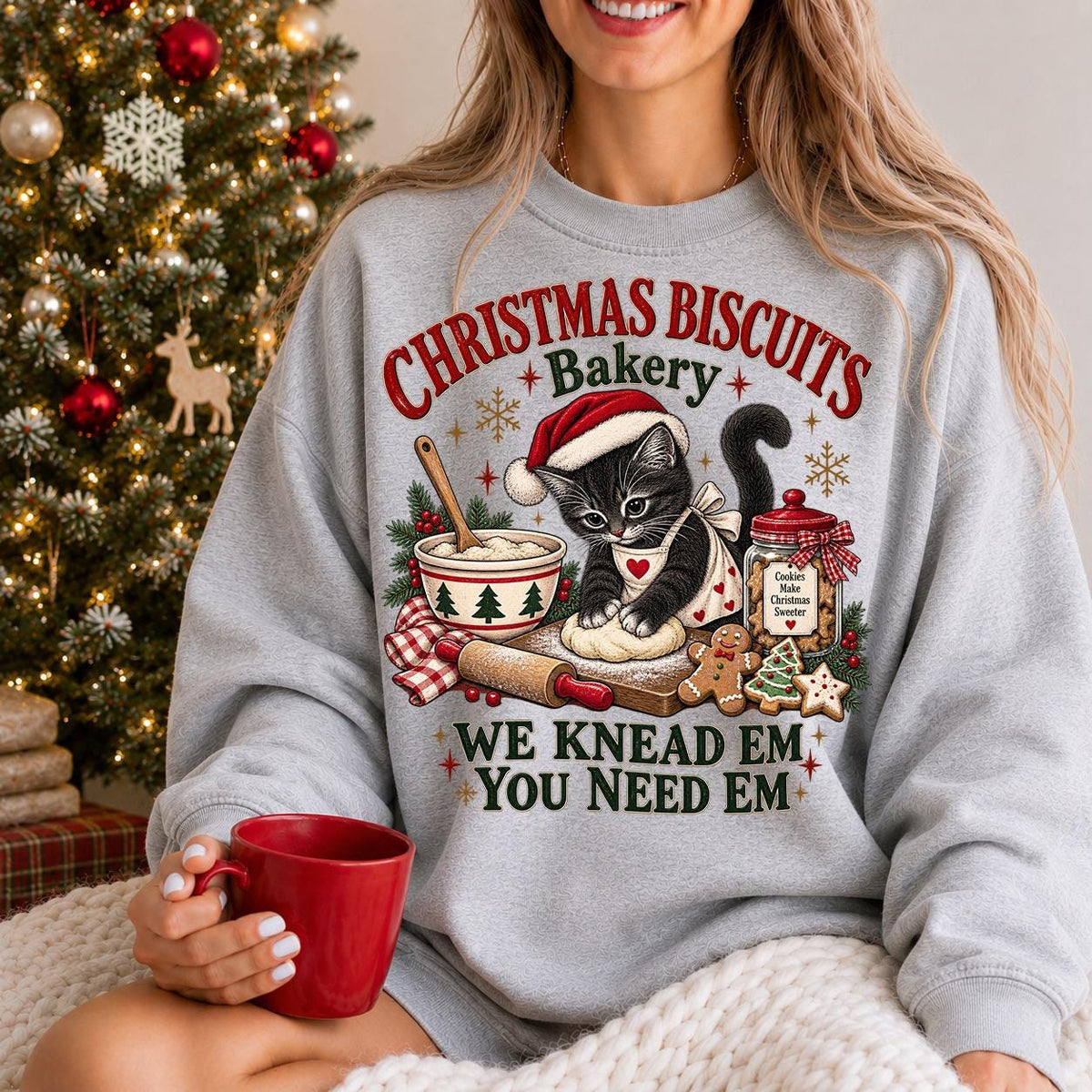 Meowy Christmas Shirt, Kitty Biscuits, Cat Christmas Sweatshirt, Baking Tee