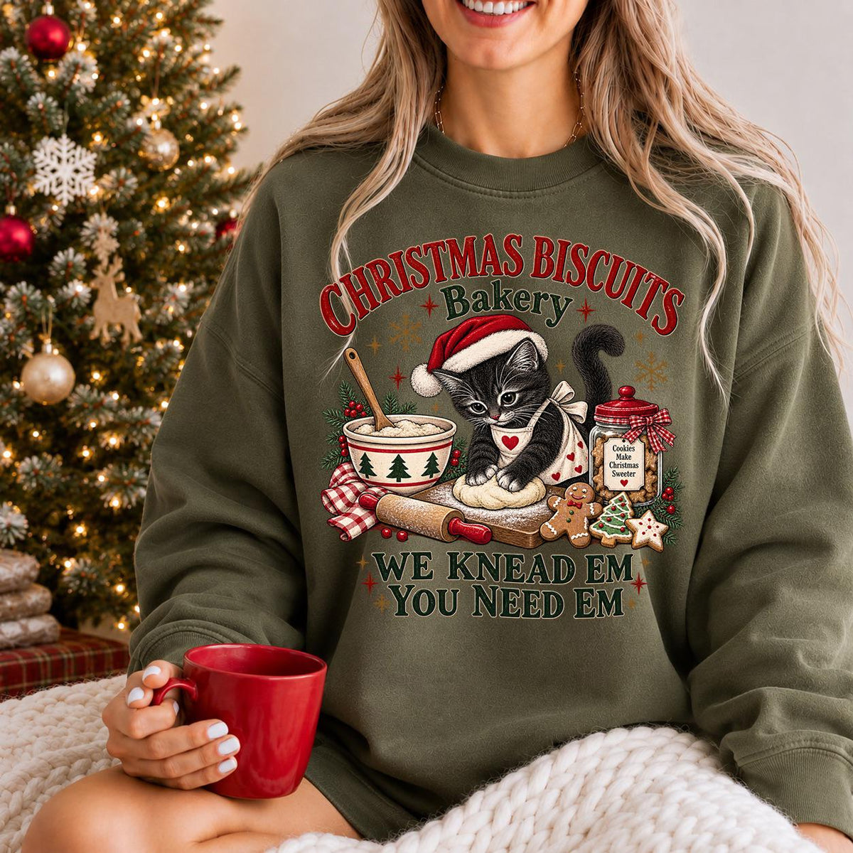 Meowy Christmas Shirt, Kitty Biscuits, Cat Christmas Sweatshirt, Baking Tee