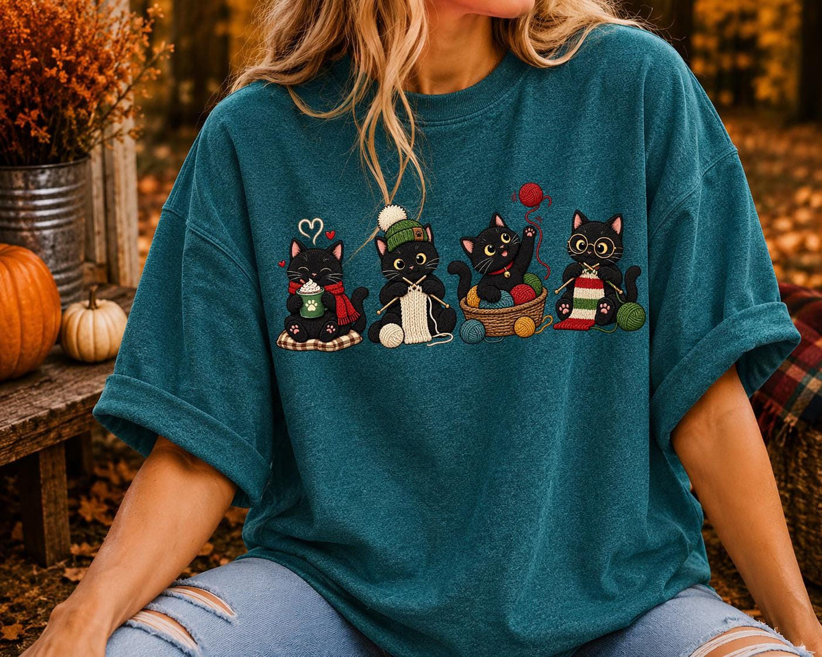 Black Cats Knitting Comfort Colors® Shirt, Yarn Lover Gift For Cat Mom