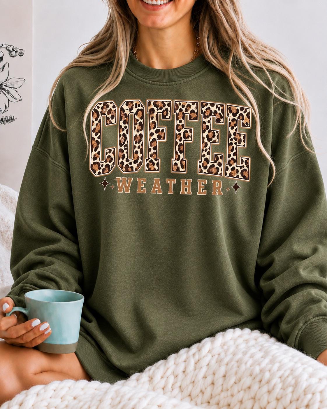 Coffee Weather Sweatshirt, Leopard Print Fall Crewneck