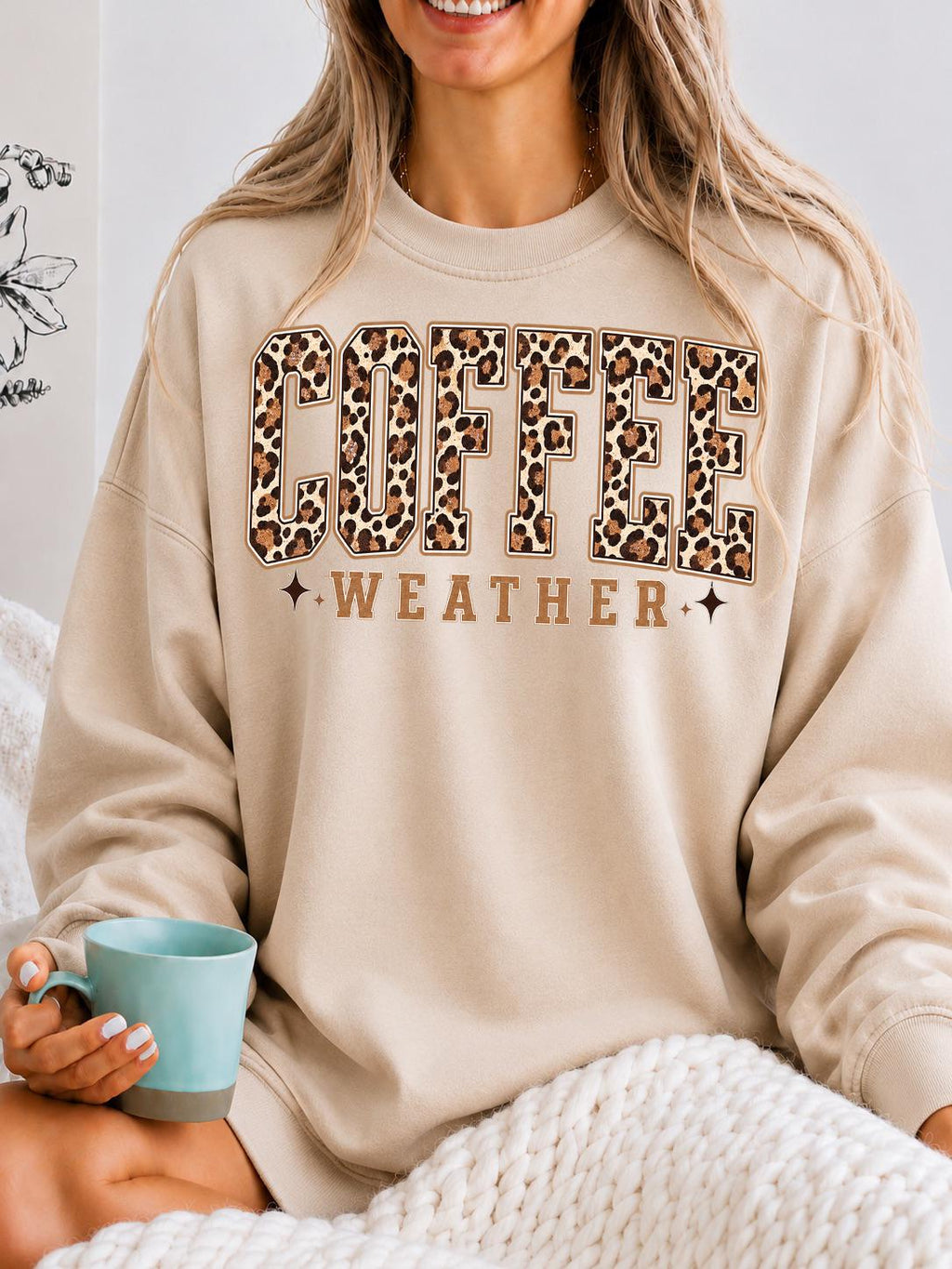 Coffee Weather Sweatshirt, Leopard Print Fall Crewneck