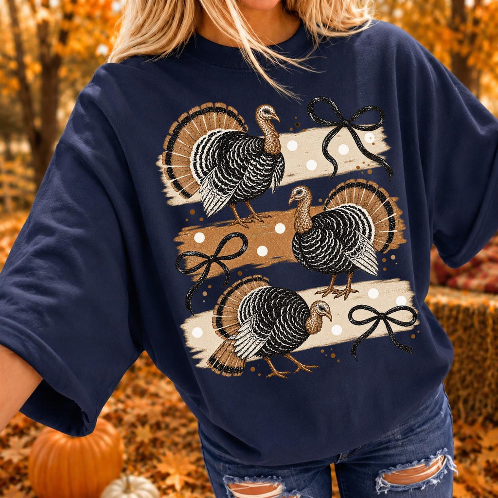 Whimsical Turkey Bow Shirt, Cute Thanksgiving Turkey Tee