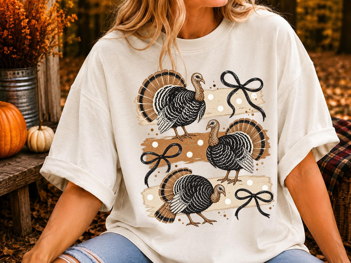 Whimsical Turkey Bow Shirt, Cute Thanksgiving Turkey Tee